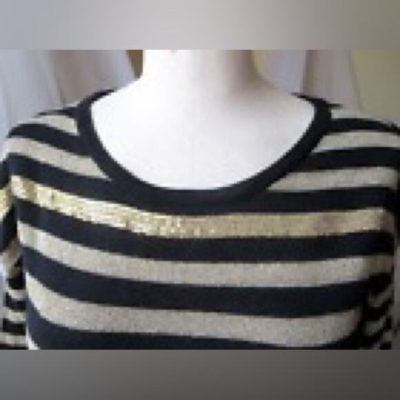 MUDD THIN SWEATER LONG SLEEVE STRIPED BLACK/GOLD SHIMMER SEQUIN COTTON BLEND - Picture 5 of 10
